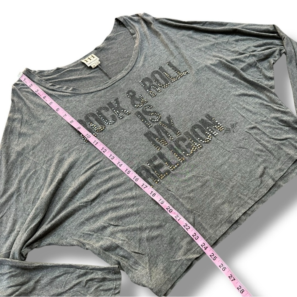 Haute Hippie Gray Rhinestone Rock & Roll is My Religion Surplus Sleeve Tee | M - Picture 9 of 14